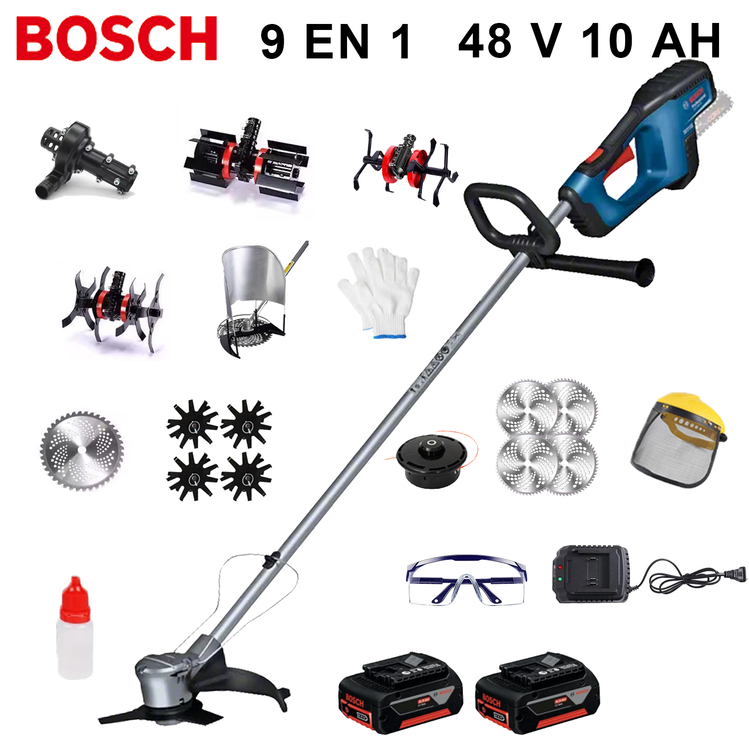 [Cultivador 9 en 1 de 9000 W] Batería de 48 V 2, cabezal de sierra eléctrica, escarificador de suelo, zanjadora, bomba de agua, cuchilla de 80 dientes, cabezal de corte, cuerda de corte 10, rueda de soporte, marco de soporte de césped, marco de paja, cabezal de deshierbe, cabezal de seis garras, nivelador, juego completo de accesorios + carga rápida + juego completo de accesorios se puede utilizar durante 10 horas