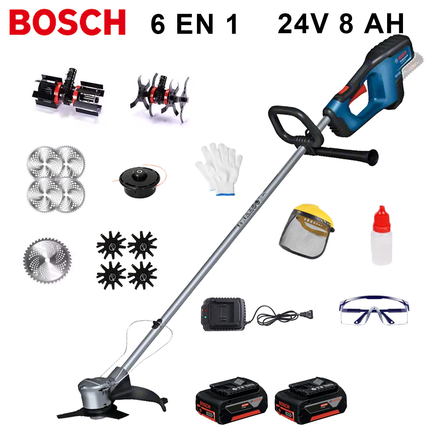 [Cultivador 6 en 1 de 6000 W] 2 baterías de 24 V, 2 piezas, cabezal de sierra eléctrica, escarificador, zanjadora, cuchilla de 80 dientes, cabezal de corte, cuerda de corte 10, rueda de soporte, cabezal de deshierbe, nivelador, juego completo de accesorios + carga rápida + juego completo de accesorios que se pueden utilizar durante 6 horas