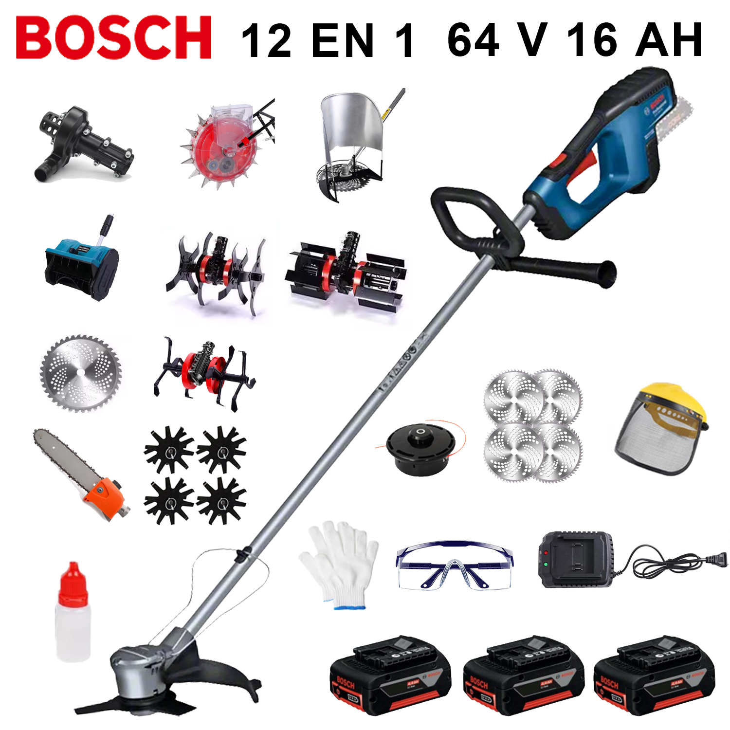 [Cultivador 12 en 1 de 12000 W] 3 baterías de 64 V, cabezal de sierra eléctrica, escarificador de suelo, zanjadora, bomba de agua, cuchilla de 80 dientes, cabezal de corte, cuerda de corte 10, cuchilla recta, rueda de soporte, marco de soporte de césped, marco de paja, cabezal de desmalezado, cabezal de seis garras, nivelador, quitanieves, sembradora, conjunto completo de accesorios + carga rápida + conjunto completo de accesorios se puede utilizar durante 15 horas