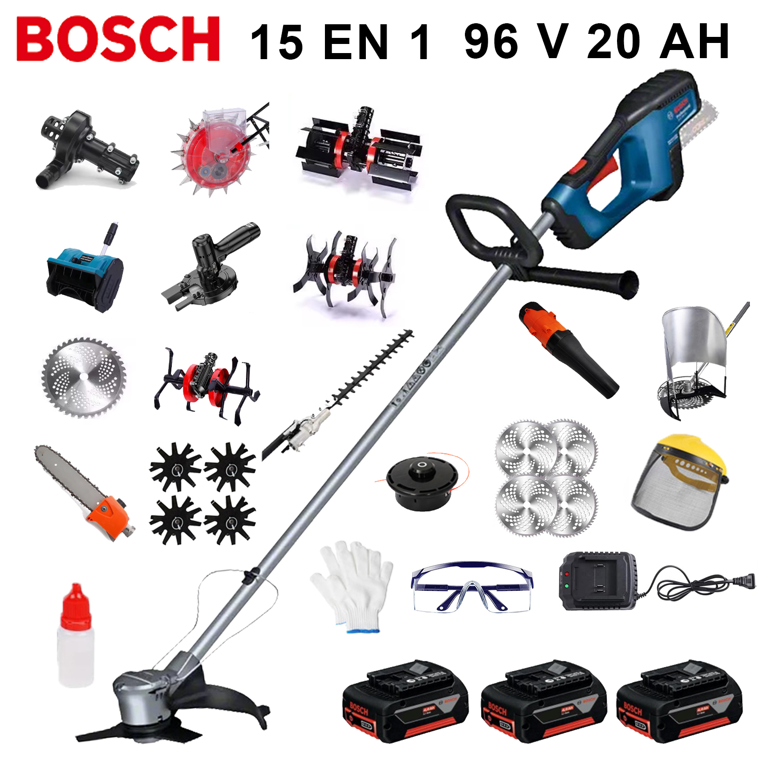[Cultivador 15 en 1 de 15000 W] Baterías de 96 V 3 piezas, cabezal de sierra eléctrica, escarificador de suelo, zanjadora, bomba de agua, cuchilla de 80 dientes, cabezal de corte, cuerda de corte 10, cuchilla recta, rueda de soporte, marco de soporte de césped, marco de paja, cortasetos, cabezal de deshierbe, cabezal de seis garras, nivelador, soplador, quitanieves, sembradora, juego completo de accesorios + carga rápida + juego completo de accesorios se puede utilizar durante 20 horas